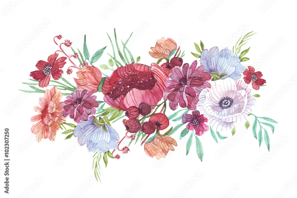 floral panel in retro style illustration of a watercolor - obrazy, fototapety, plakaty 
