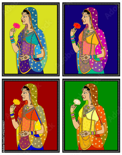 Indian Queen/ princess portrait -inspired by 16th century India Rajput and Mughal style of art.