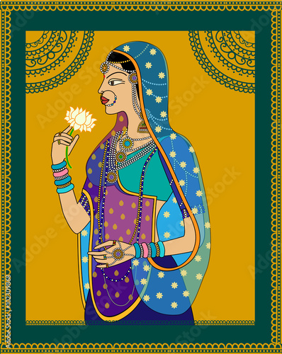 Indian Queen/ princess portrait -inspired by 16th century India Rajput and Mughal style of art.