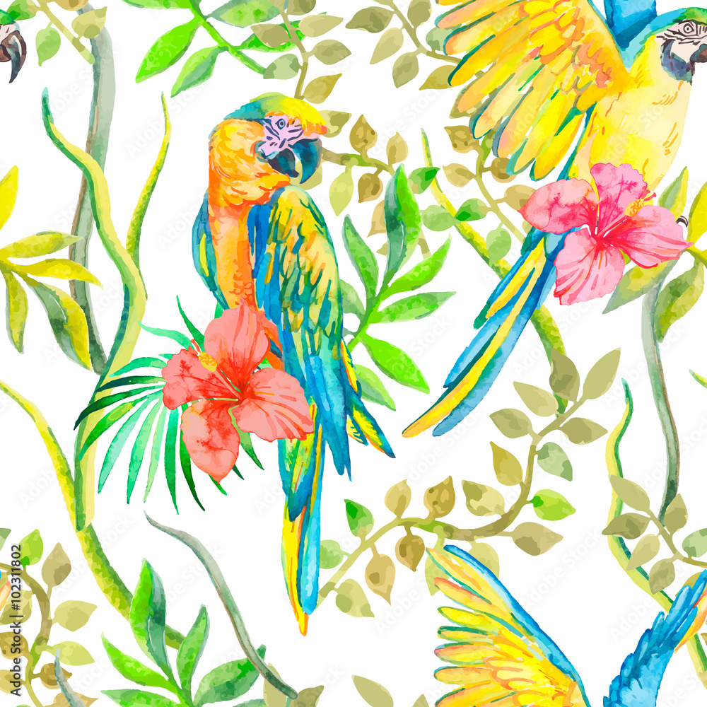 Macaw seamless pattern. Topical flower and leaves, hibiscus. Tropical parrot. Exotic. for your design.