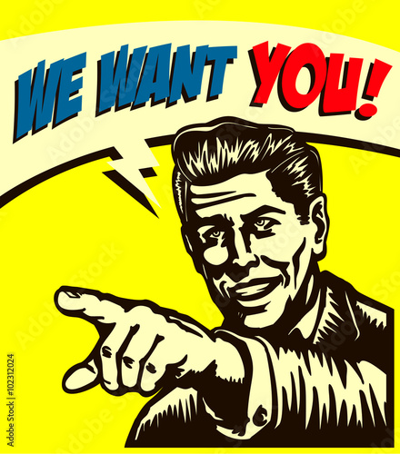 I want you! Vintage businessman with pointing finger picking candidate for job vacancy, we're hiring now sign comic book style vector illustration