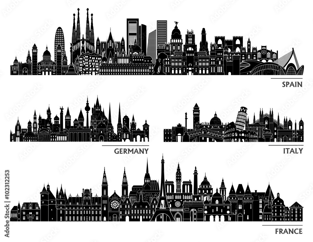 Spain Germany Italy France detailed skylines. vector illustration