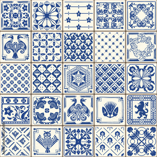 Indigo Blue Tiles Floor Ornament Collection. Gorgeous Seamless Patchwork Pattern from Colorful Traditional Painted Tin Glazed Ceramic Tilework Vintage Illustration. Vector template background Azulejos