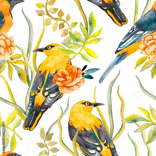 Seamless pattern of birds and plants. Bird pattern and camellia. Vector. Leaves.