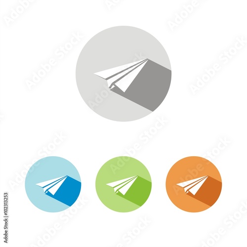Paper airplane icon with shadow on colored circles