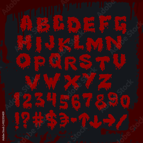 Bloody alphabet and other signs. Vector art.