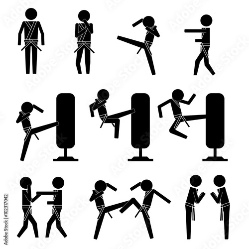 Men doing martial arts spar and practice with dummy and people icon vector sign symbol info graphic pictogram