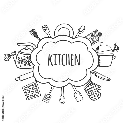 Kitchen tools sketch bubbles vector illustration.