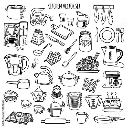 Kitchen utensils and appliance vector icons set.