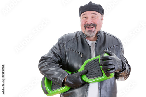 Laughing man holding hoverboard photo