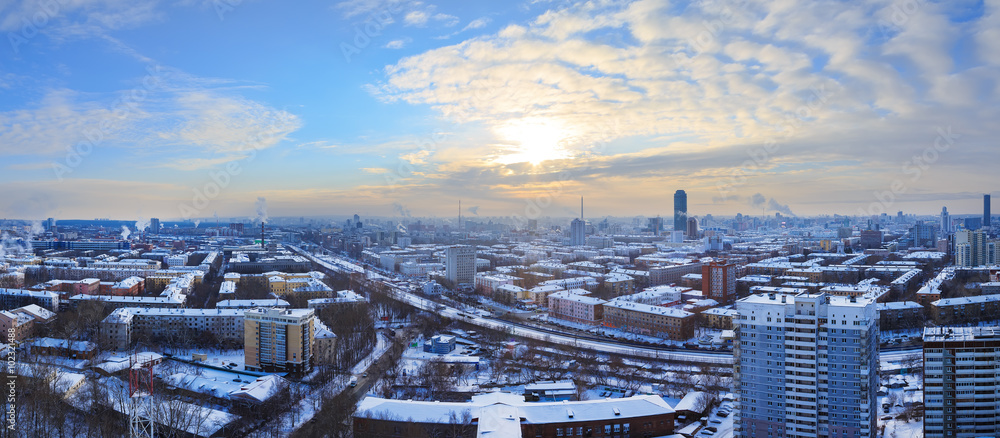 panorama winter sunset over Yekaterinburg