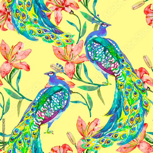 Beautiful peacock pattern.Vector. Peacocks and lily.