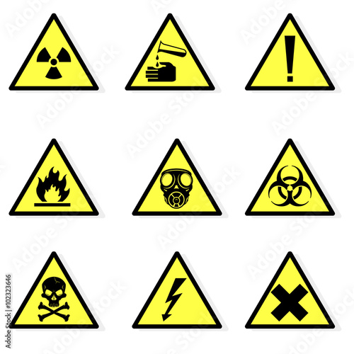 Vector illustration of various hazard icon signs.
Universal symbols warning  for hazards and danger in the industria workplace.