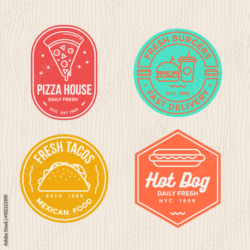 fast food badges emblem logo banner with modern flat thin line design for pizza, hamburger, tacos and hot dog restaurant.