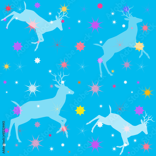 Blue pattern with holiday details for graphic design childish festive production. Illustration with deer and color stars. Vector file.