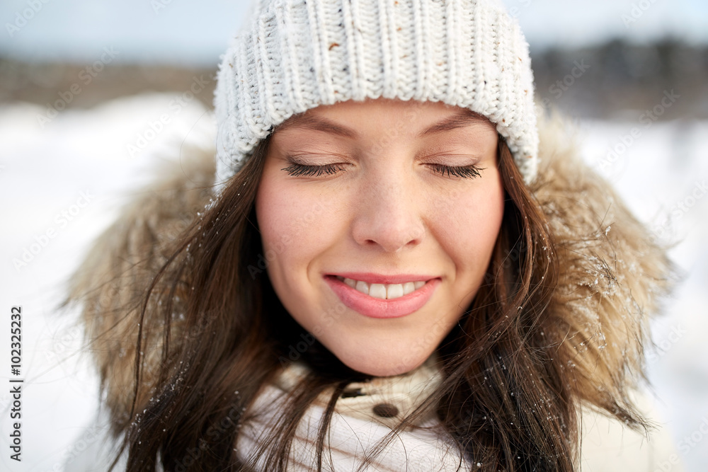 happy woman outdoors in winter happy woman outdoors in winter