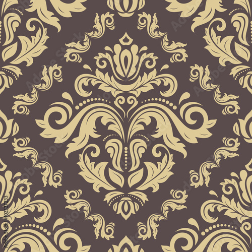 Seamless wallpaper in the style of baroque. Traditional vector brown and golden pattern. Classic oriental background