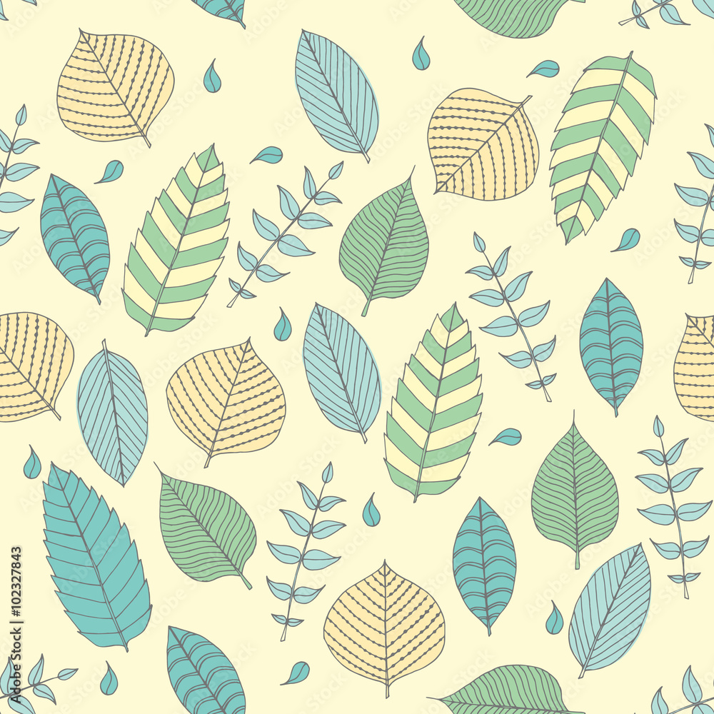 Fototapeta premium Vector Seamless pattern in soft tones with sample doodle leaves.Doodle leaves vector illustration.
