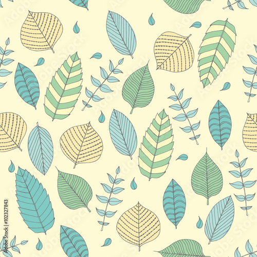 Vector Seamless pattern in soft tones with sample doodle leaves.Doodle leaves vector illustration.