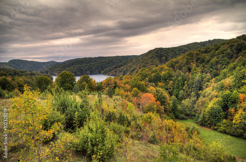Cloudy autumn day in Plitvice national park, an UNESCO world heritage site, in Croatia. HDR