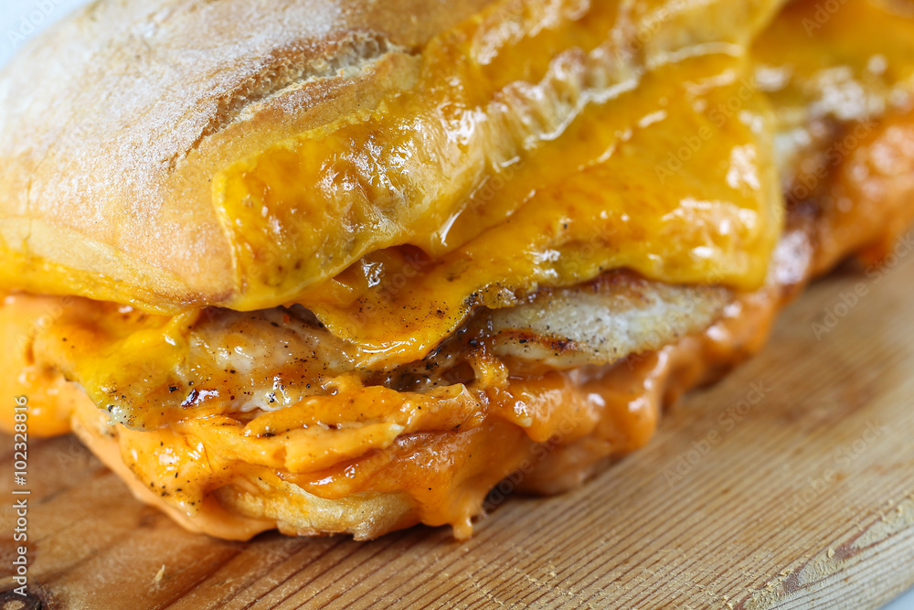 Tasty chicken steak sandwich in a ciabatta with cheddar cheese and thick romanian garlic sauce Tasty chicken steak sandwich in a ciabatta with cheddar cheese and thick romanian garlic sauce