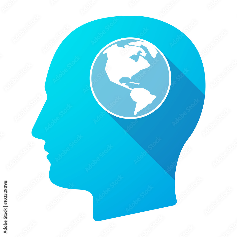 Long shadow male head icon with an America region world globe Long shadow male head icon with an America region world globe
