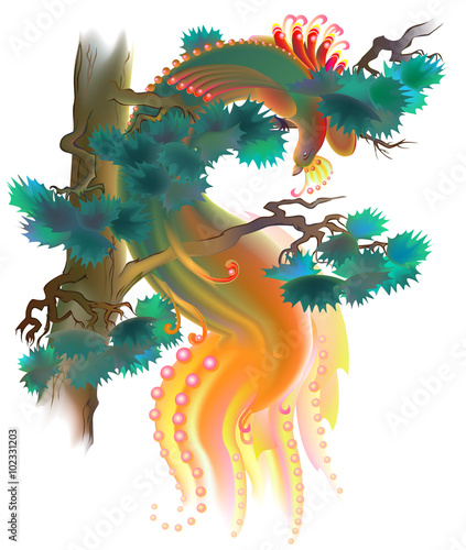 Illustration of fairyland bird sitting on a branch of pine, vector cartoon image.