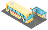 A vector illustration of a bus and bus stop. 
Isometric Bus Icon - Public transportation with bus stop.