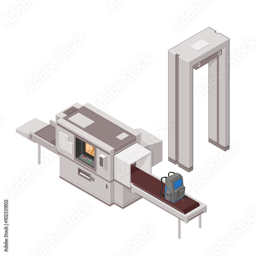 A vector illustration of airport security with Baggage and X-Ray machine.
Luggage being scanned through X-Ray machine.