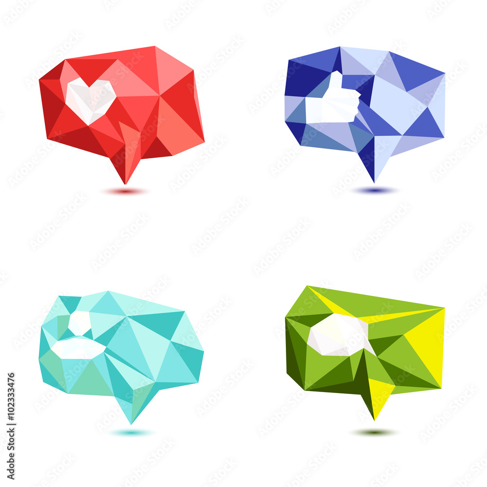 Like, comment, follower icon set made in polygonal style. Thumb up icon. Social media buttons, speech bubbles on white background. Notification web or application UI symbols. Low poly vector design. Like, comment, follower icon set made in polygonal style. Thumb up icon. Social media buttons, speech bubbles on white background. Notification web or application UI symbols. Low poly vector design.