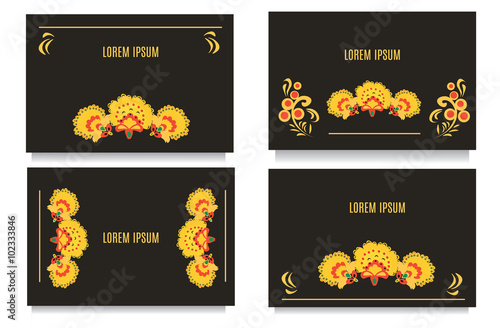 Decorative templates for invitations, greeting, visit cards and vouchers at khokhloma floral  style with black background