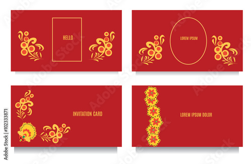 Decorative templates for invitations, greeting, visit cards and vouchers at khokhloma floral  style with red background