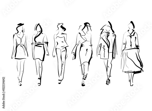 Set of fashion models sketch, vector illustration