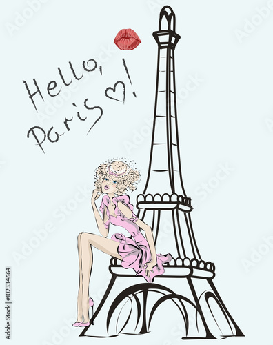 Hello, Paris. Fashion girl near Eiffel Tower