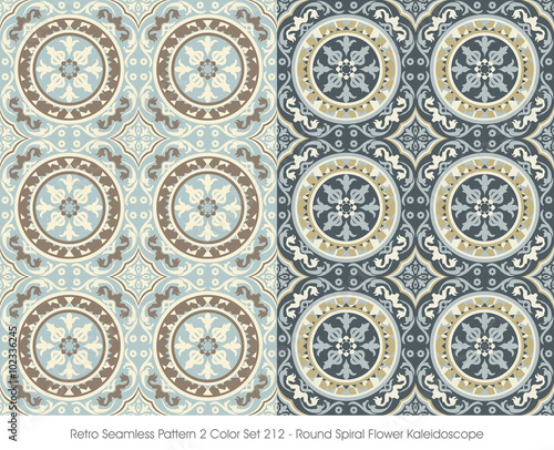 Retro Seamless Pattern 2 Color Set_212 Round Spiral Flower Kaleidoscope 