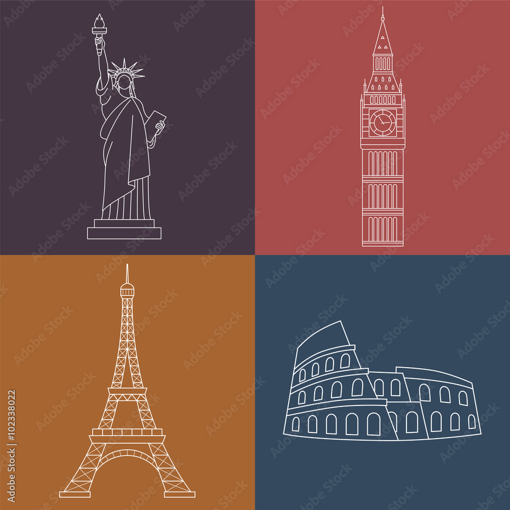 World Landmarks Statue of liberty, Eiffel Tower, Big Ben, Colosseum. Vector line icons set.
