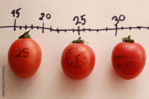 Pomodoro technique with real and natural tomatoes is explained, top view. closeup pomodoro tomatoes for management time in student life or professional life and cooking.  space for text. 