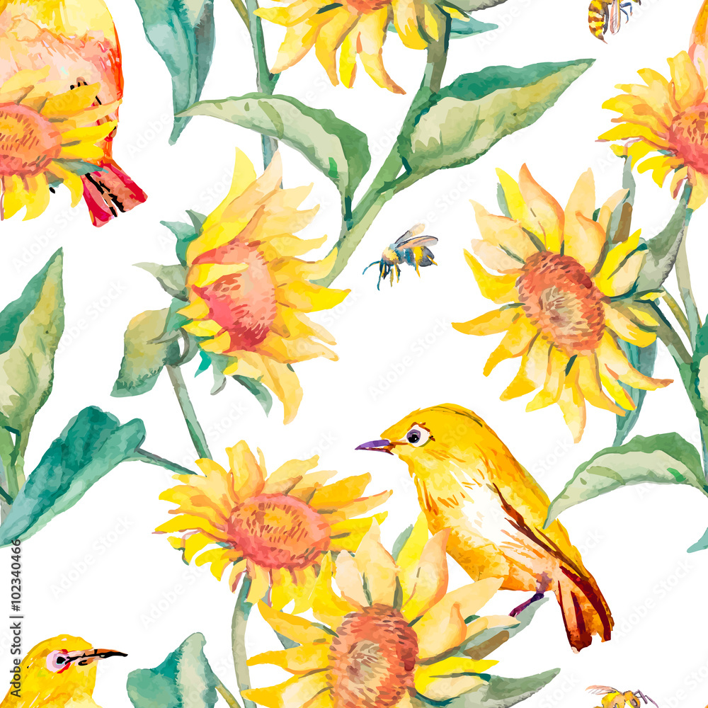 Obraz premium Watercolor pattern.White-eye bird and sunflower.