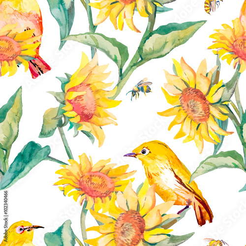 Watercolor pattern.White-eye bird and sunflower.