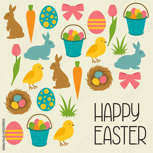 Happy Easter greeting card with decorative objects. Concept can be used for holiday invitations and posters