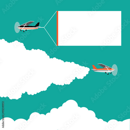 Flat design cartoon small airplanes pulling advertising banners