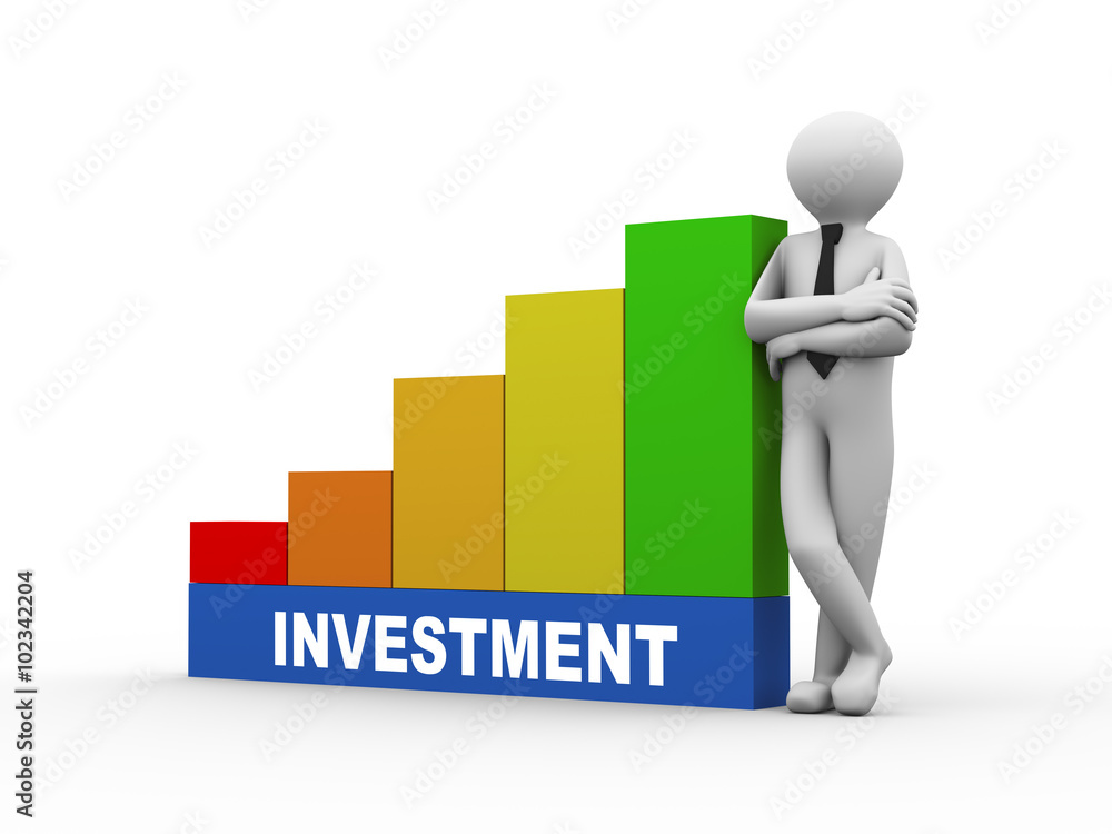 3d man with investment growing business bars 3d man with investment growing business bars