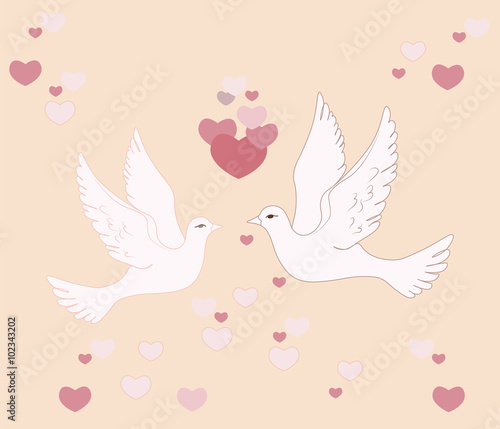 Two pigeons flying in sky with love hearts. Vector
