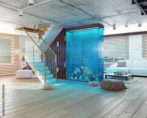 Vászonkép The loft interior with aquarium