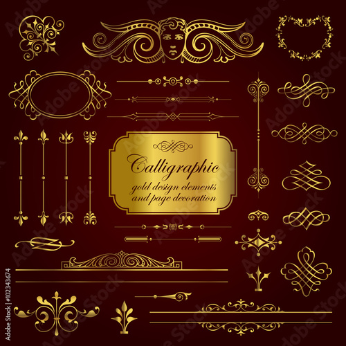 Calligraphic gold design elements and page decoration vector set