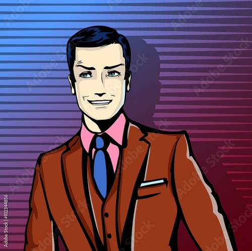 Vector illustration of successful businessman smiling, smirking in pop art comics retro style or cartoon style casting shadow, Halftone. Conception of charm, charisma, captivation. 