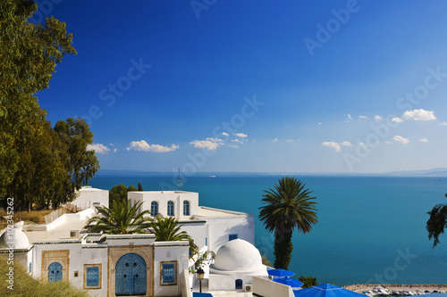 Tunisia. Sidi Bou Said - typical building with white walls, blue doors and windows photo
