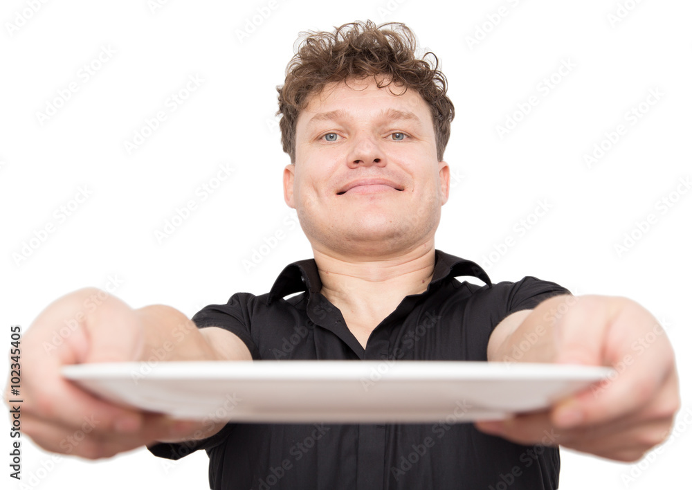Chef cook holding an empty plate on white background