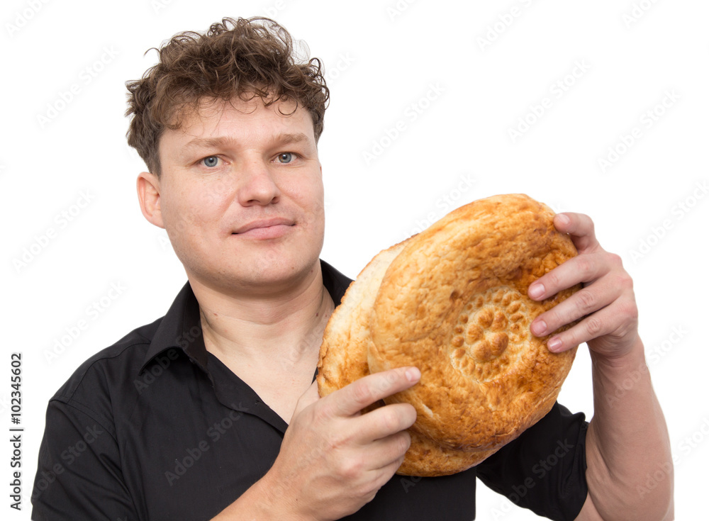 man with bread on a white background man with bread on a white background