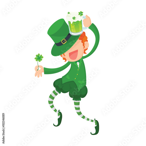 Vector Illustration of Happy Leprechaun Holding Four-Leaf Clover and Green Beer for St. Patrick's Day
